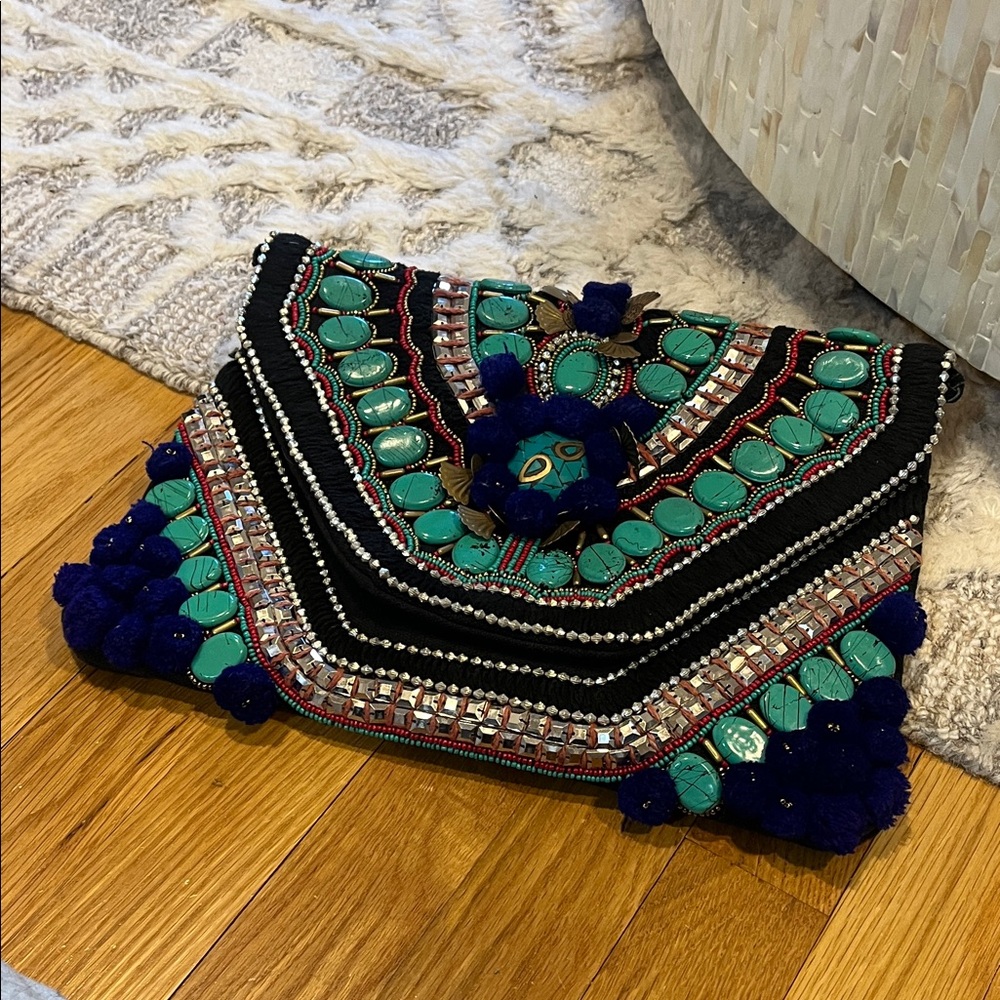 Embellished Black and Green Clutch